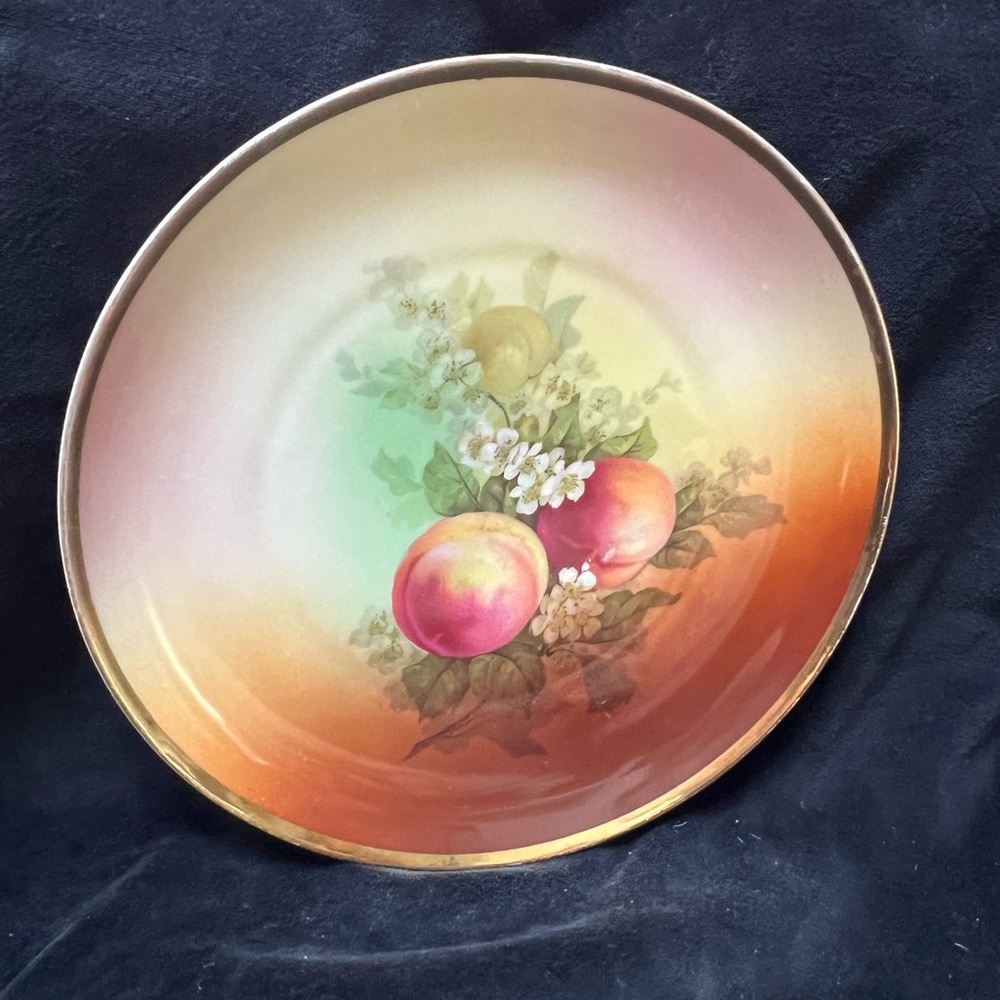Gold trimmed 8.5” plate hand- painted with peaches. Marked Turin, Bavaria